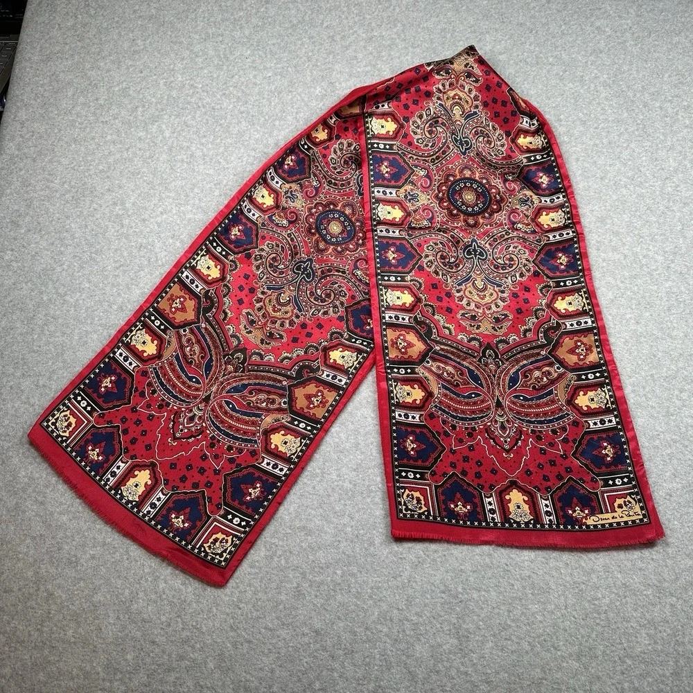 Vintage Oscar de la‎ Renta 100% Silk/Wool Paisley Scarf Red Japan 90s NOTE 52x10